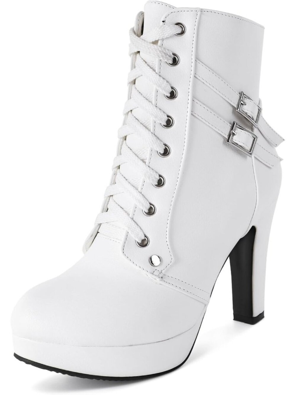 Women's Platform High Heel Sexy Round Toe Lace Up Mid Calf White Combat Shoes